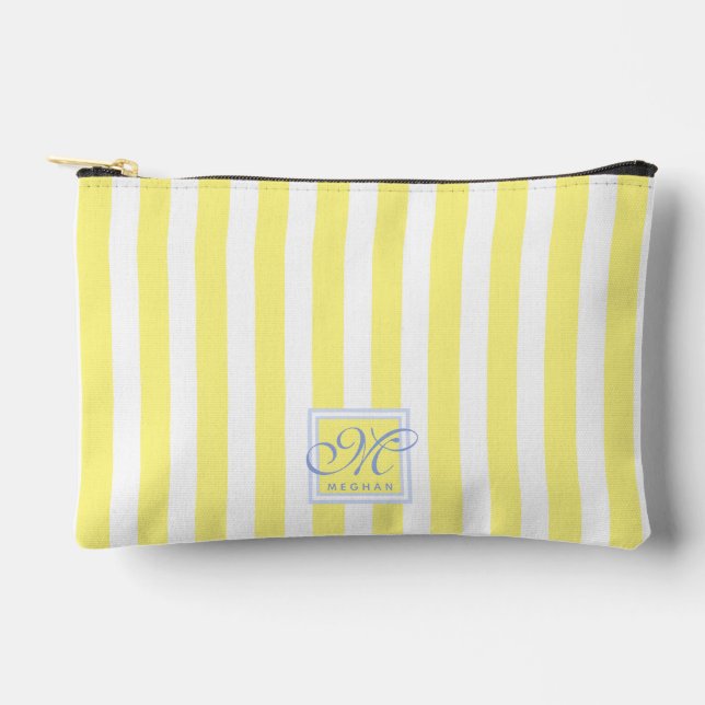 Sunny Yellow and White Stripes - Monogrammed Accessory Pouch (Front)