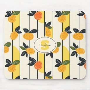 Sunny Yellow Citrus Fruit Print with Green Leaves Mouse Pad