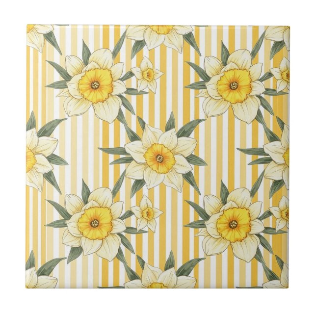Sunny Yellow Daffodil Floral Stripe Pattern Ceramic Tile (Front)