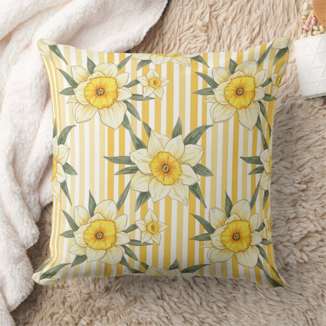 Sunny Yellow Daffodil Floral Stripe Pattern Cushion (Blanket)