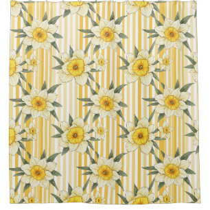 Sunny Yellow Daffodil Floral Stripe Pattern Shower Curtain