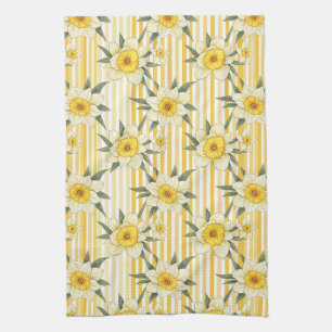 Sunny Yellow Daffodil Floral Stripe Pattern Tea Towel