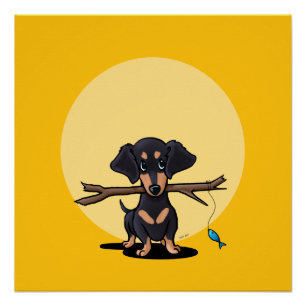 Sunny Yellow Fishing Doxie Dog Poster