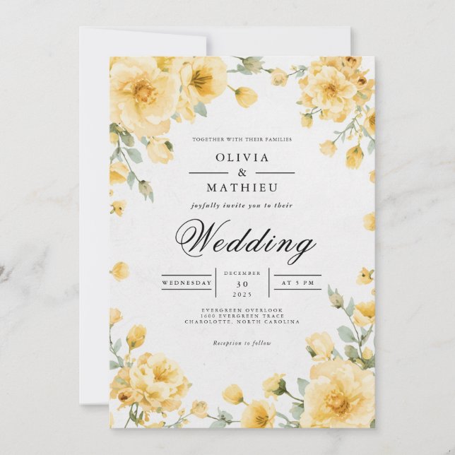 Sunny Yellow Floral Whimsy Wedding Invitation (Front)