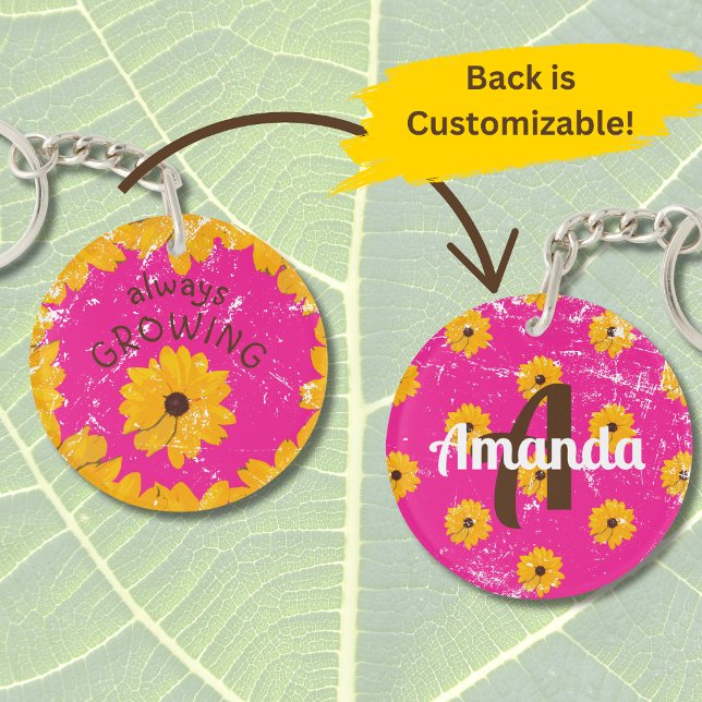 Sunny Yellow Flower Worn Look Acrylic Keychain (A pretty yellow flower on a "distressed" fuchsia keychain is customizable with name and initial.)