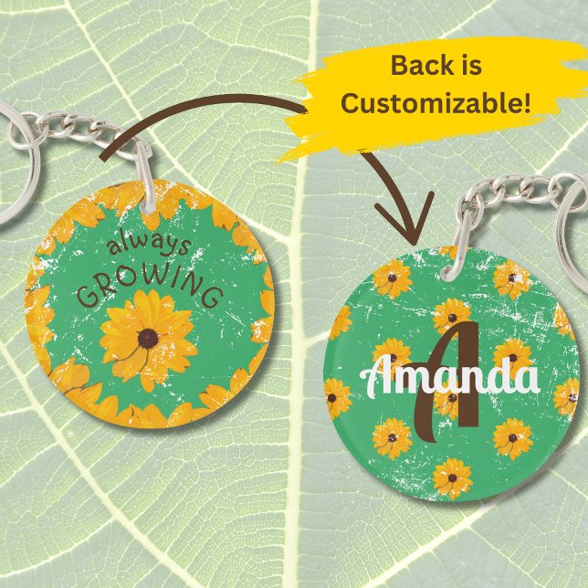 Sunny Yellow Flower Worn Look Acrylic Keychain (A pretty yellow flower on a "distressed" green keychain is customizable with name and initial.)