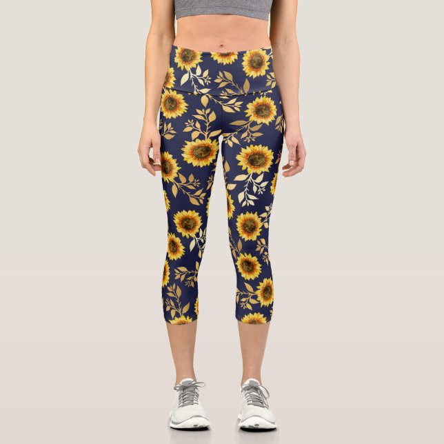 Sunny Yellow Gold Navy Sunflowers Leaf Watercolor Capri Leggings (Front)