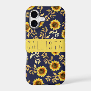 Sunny Yellow Gold Navy Sunflowers Leaves Monogram