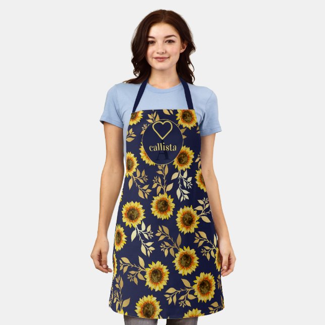 Sunny Yellow Gold Navy Sunflowers Leaves Monogram Apron (Worn)