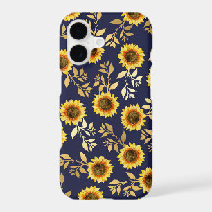 Sunny Yellow Gold Navy Sunflowers Leaves Pattern