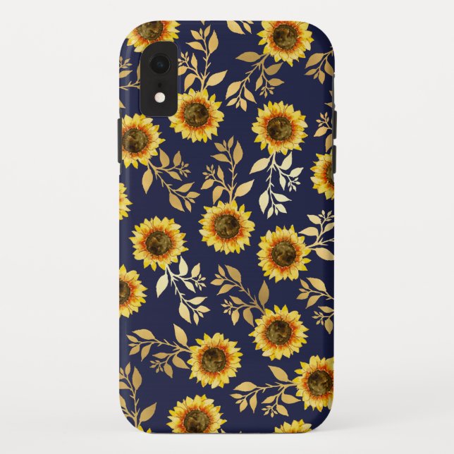 Sunny Yellow Gold Navy Sunflowers Leaves Pattern Case-Mate iPhone Case (Back)
