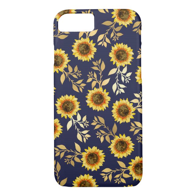 Sunny Yellow Gold Navy Sunflowers Leaves Pattern Case-Mate iPhone Case (Back)
