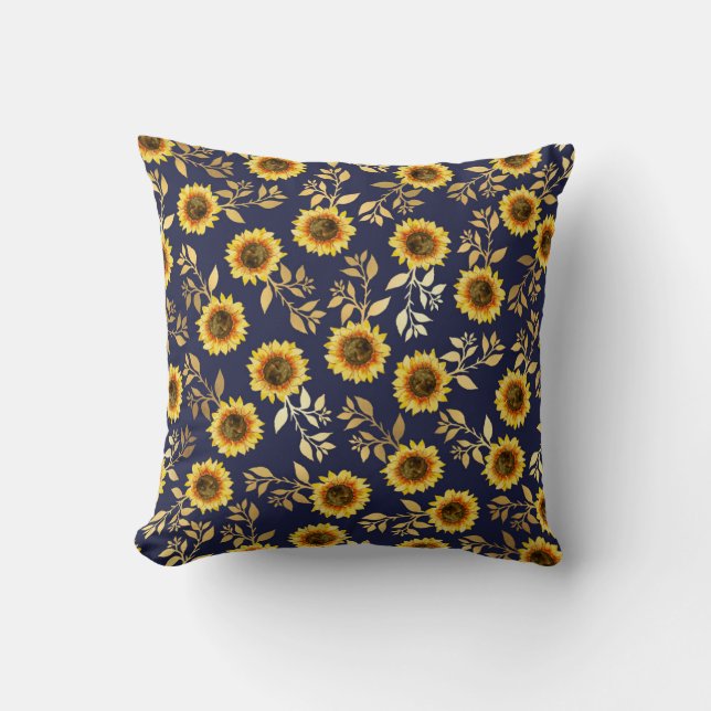 Sunny Yellow Gold Navy Sunflowers Leaves Pattern Cushion (Front)