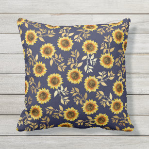 Sunny Yellow Gold Navy Sunflowers Leaves Pattern Cushion