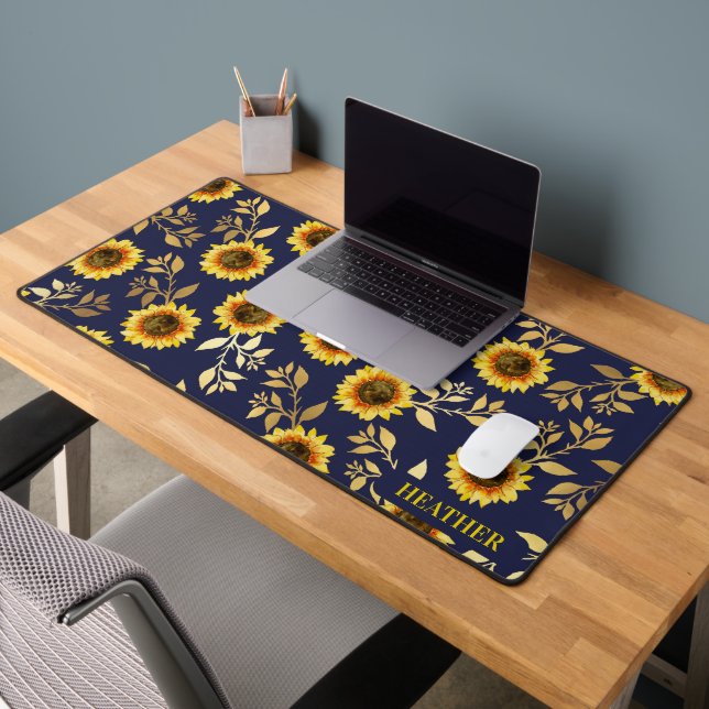 Sunny Yellow Gold Navy Sunflowers Leaves Pattern Desk Mat (Office 2)