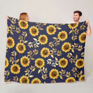 Sunny Yellow Gold Navy Sunflowers Leaves Pattern Fleece Blanket