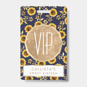 Sunny Yellow Gold Navy Sunflowers Leaves Pattern ID Badge