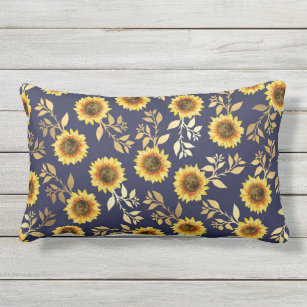 Sunny Yellow Gold Navy Sunflowers Leaves Pattern Lumbar Cushion