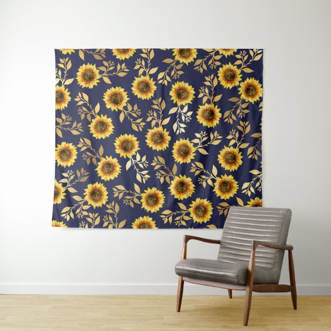 Sunny Yellow Gold Navy Sunflowers Leaves Pattern Tapestry (In Situ (Horizontal))
