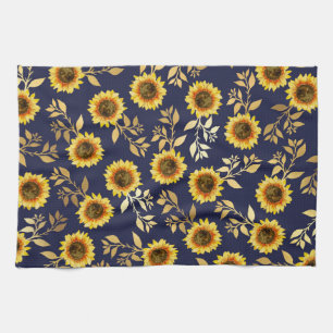 Sunny Yellow Gold Navy Sunflowers Leaves Pattern Tea Towel