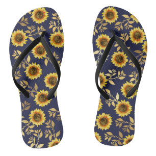 Sunny Yellow Gold Navy Sunflowers Leaves Pattern Thongs