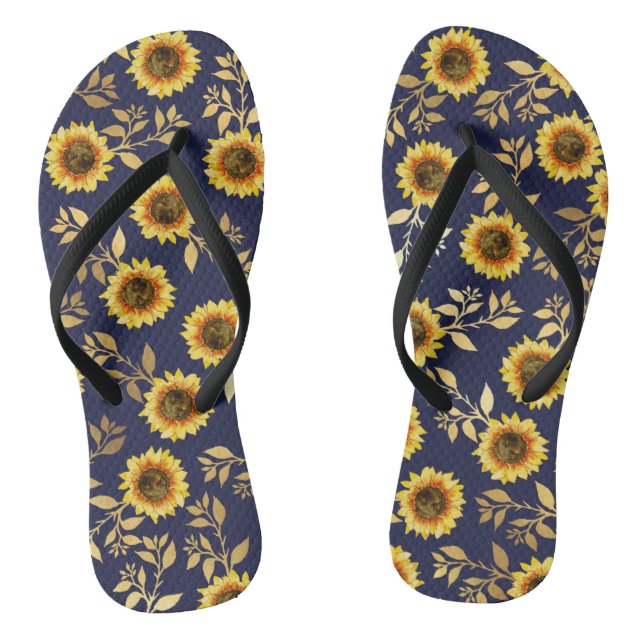 Sunny Yellow Gold Navy Sunflowers Leaves Pattern Thongs (Footbed)