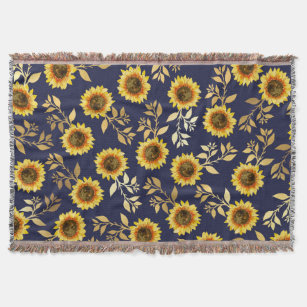 Sunny Yellow Gold Navy Sunflowers Leaves Pattern Throw Blanket
