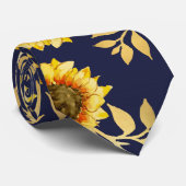 Sunny Yellow Gold Navy Sunflowers Leaves Pattern Tie (Rolled)