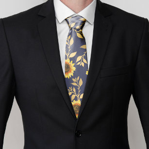Sunny Yellow Gold Navy Sunflowers Leaves Pattern Tie