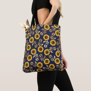 Sunny Yellow Gold Navy Sunflowers Leaves Pattern Tote Bag