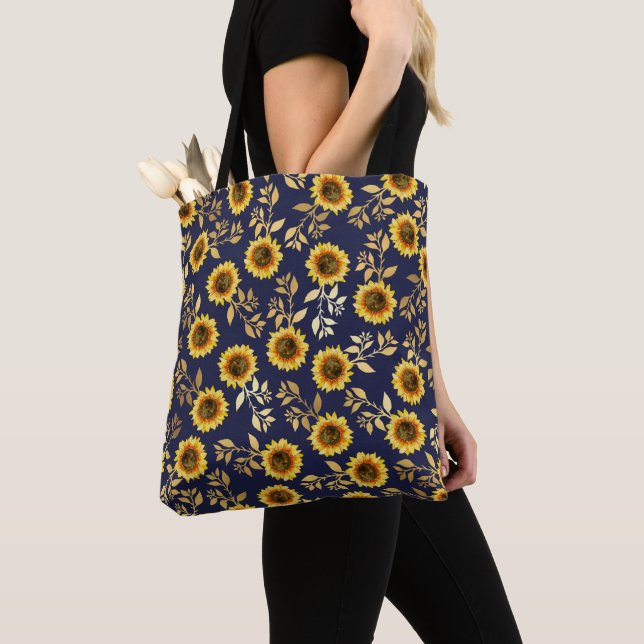 Sunny Yellow Gold Navy Sunflowers Leaves Pattern Tote Bag (Close Up)