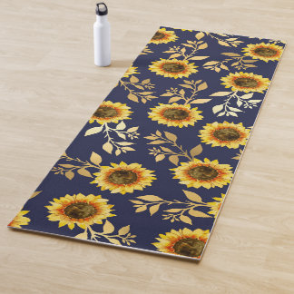 Sunny Yellow Gold Navy Sunflowers Leaves Pattern Yoga Mat