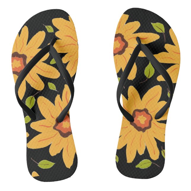 Sunny Yellow Hand-Painted Daisy Flower on Black Thongs (Footbed)