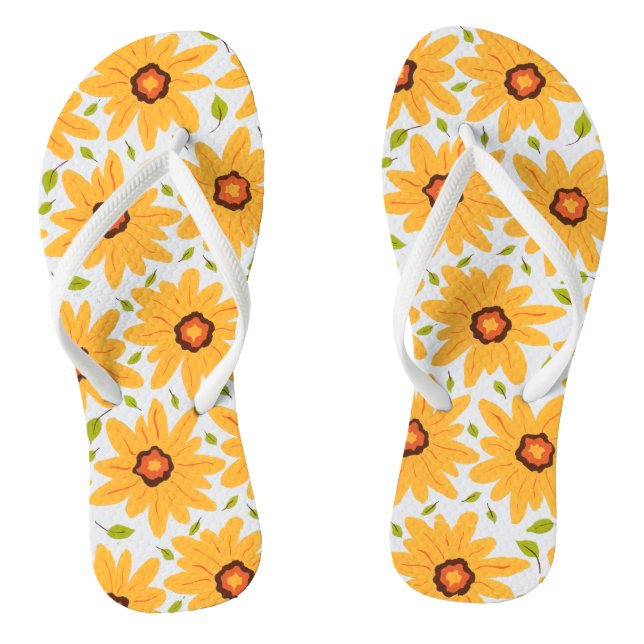 Sunny Yellow Hand-Painted Daisy Flower on White Thongs (Footbed)