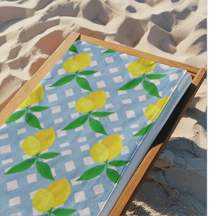 Sunny Yellow Lemons Blue White Check Beach Towel