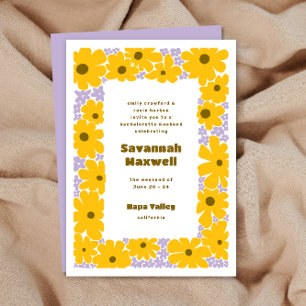 Sunny Yellow Lilac Groovy Blooms Boho Bachelorette Invitation