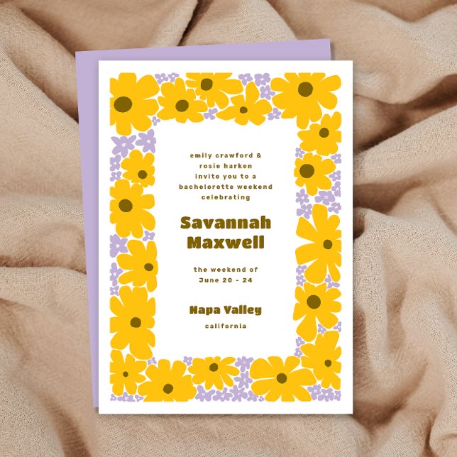 Sunny Yellow Lilac Groovy Blooms Boho Bachelorette Invitation (Creator Uploaded)