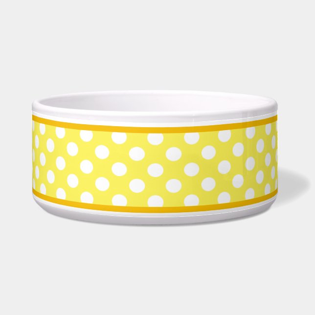 Sunny Yellow Polka Dot Pattern Ceramic Dog Bowl (Front)