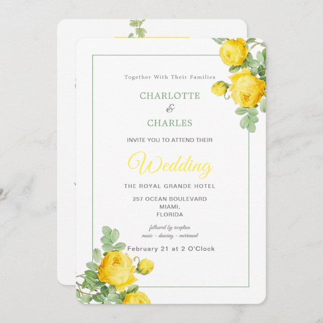 Sunny Yellow Roses Floral Elegant Photo Wedding Invitation (Front/Back)