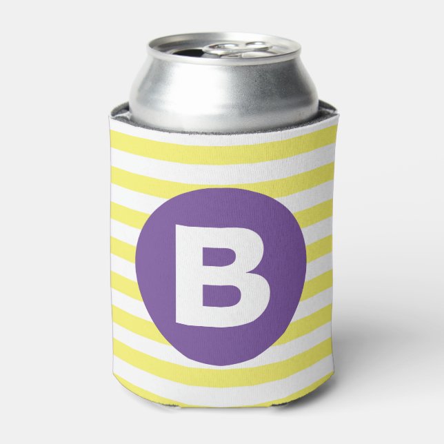 Sunny Yellow Striped Purple Monogram Can Cooler (Can Front)