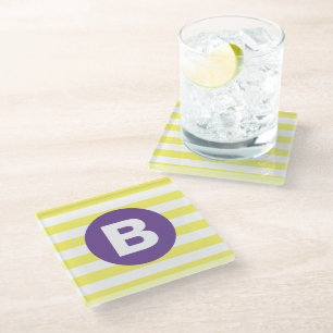 Sunny Yellow Striped Purple Monogram Glass Coaster