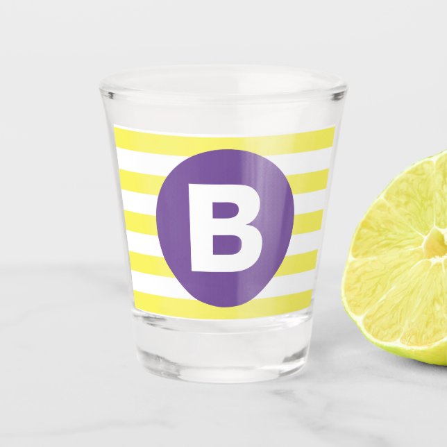 Sunny Yellow Striped Purple Monogram Shot Glass (Front)