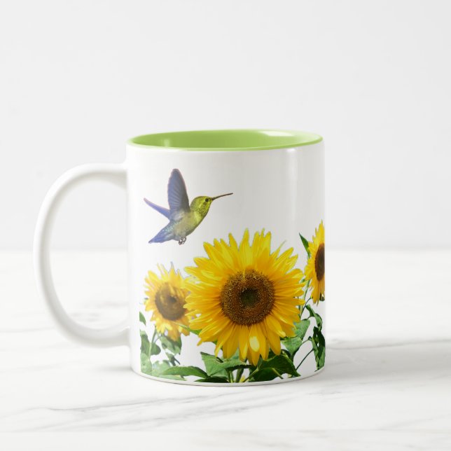 Sunny Yellow Sunflowers and Hummingbird Two-Tone Coffee Mug (Left)