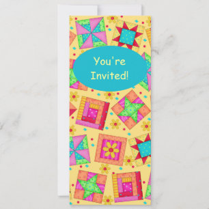 Sunny Yellow & Turquoise Patchwork Quilt Block Art Invitation