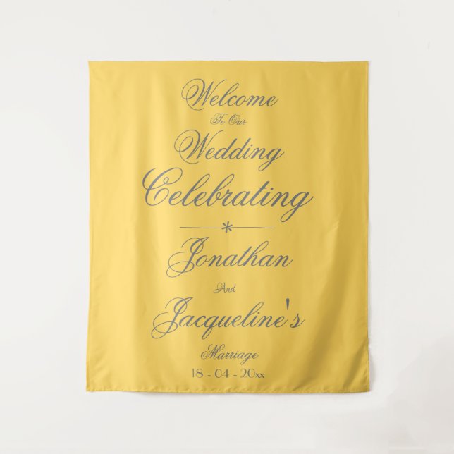 Sunny Yellow Wedding Chic Black Script Welcome Tapestry (Front)