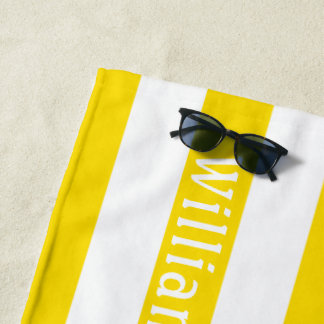 Sunny Yellow White | Cabana Stripes Personalised Beach Towel