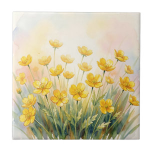 Sunny Yellow Wildflower Watercolor Ceramic Tile
