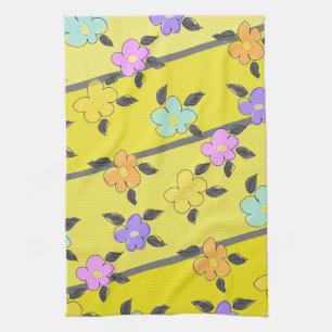 Sunny Yellow With Flowers Tea Towel
