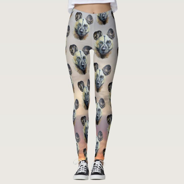 Sunrise African Wild Dog Endangered Original Art   Leggings (Front)