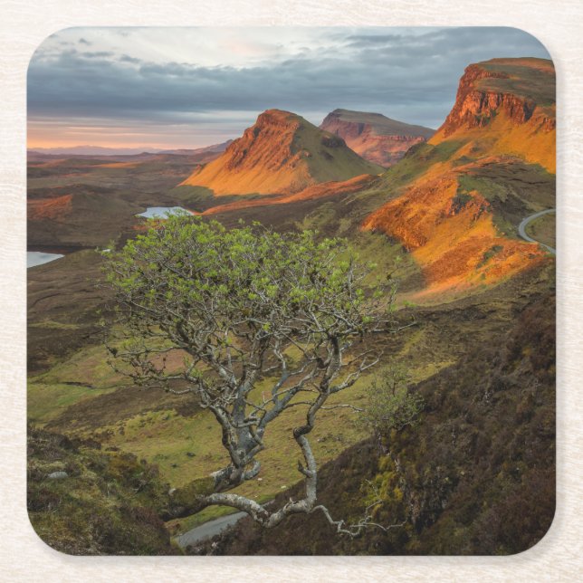 Sunrise at Quiraing mountains on Skye, Scotland Square Paper Coaster (Front)